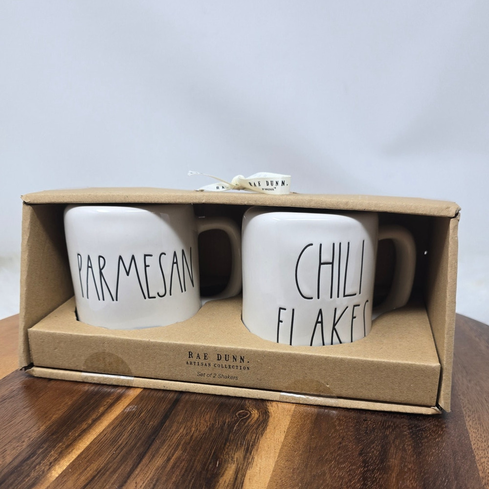 Rae Dunn Farmhouse Kitchen Decor Parmesan Chili Flakes Ceramic Shaker Set NIB